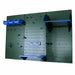Green pegboard wall with blue shelves and hooks on a white background