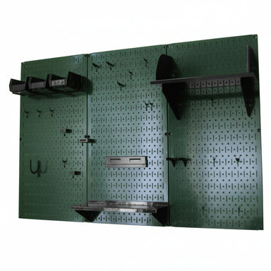 Green pegboard wall system with shelves and hooks on a white background