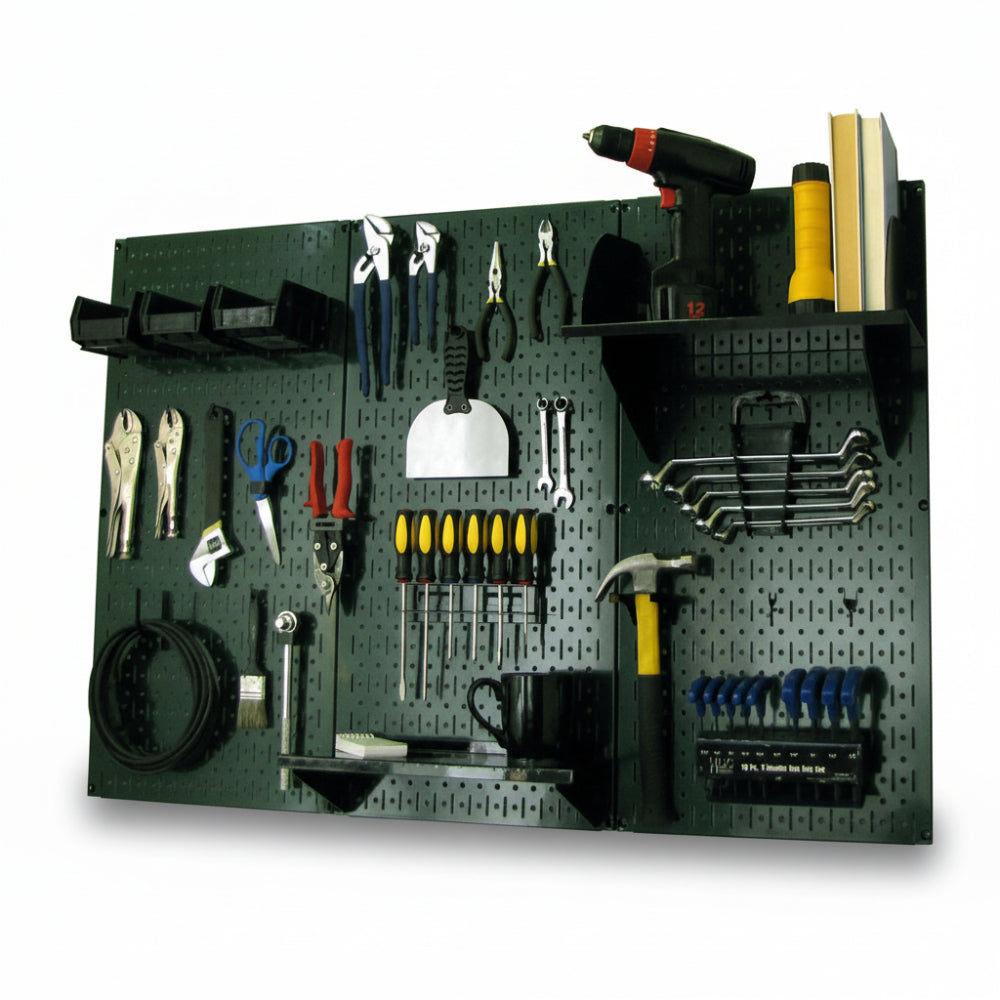 Wall-mounted tool organizer with various tools on a green pegboard