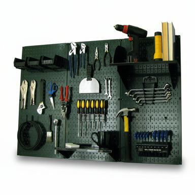 Wall-mounted tool organizer with various tools on a green pegboard