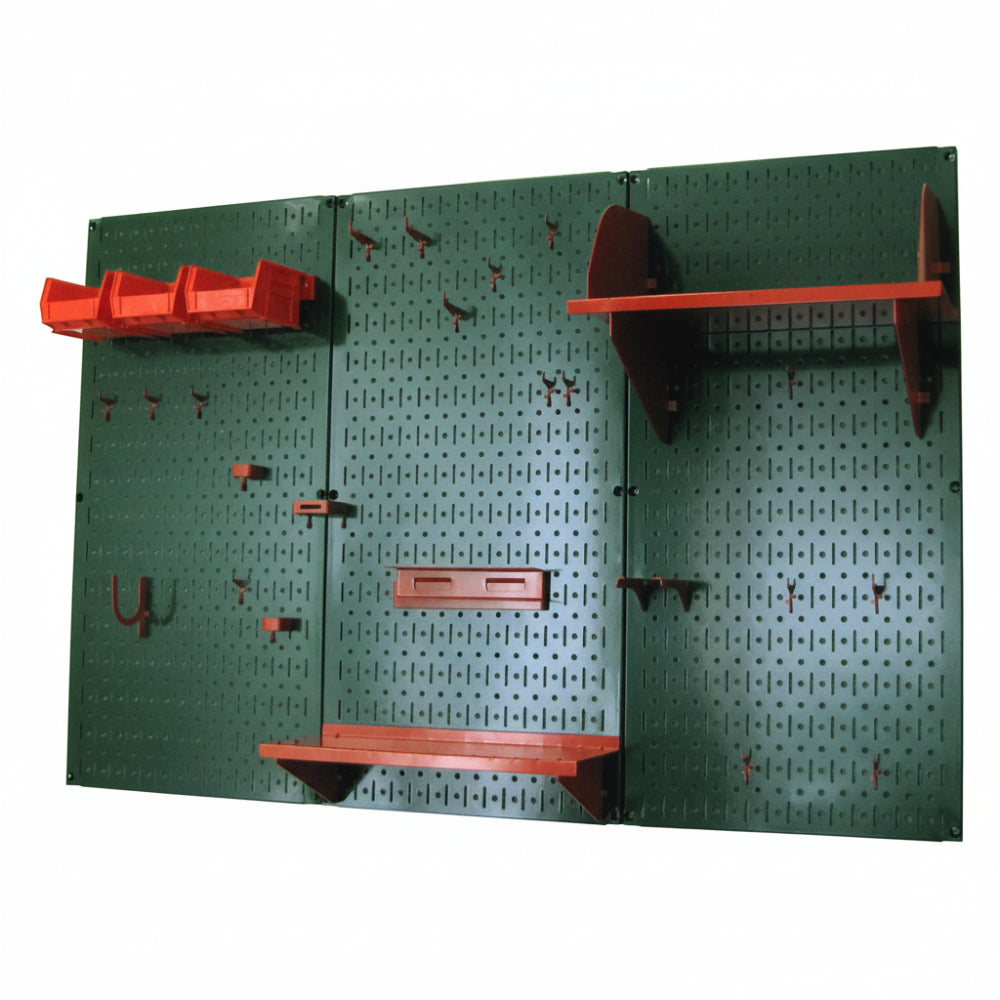 Green pegboard wall with red shelves and hooks on a white background