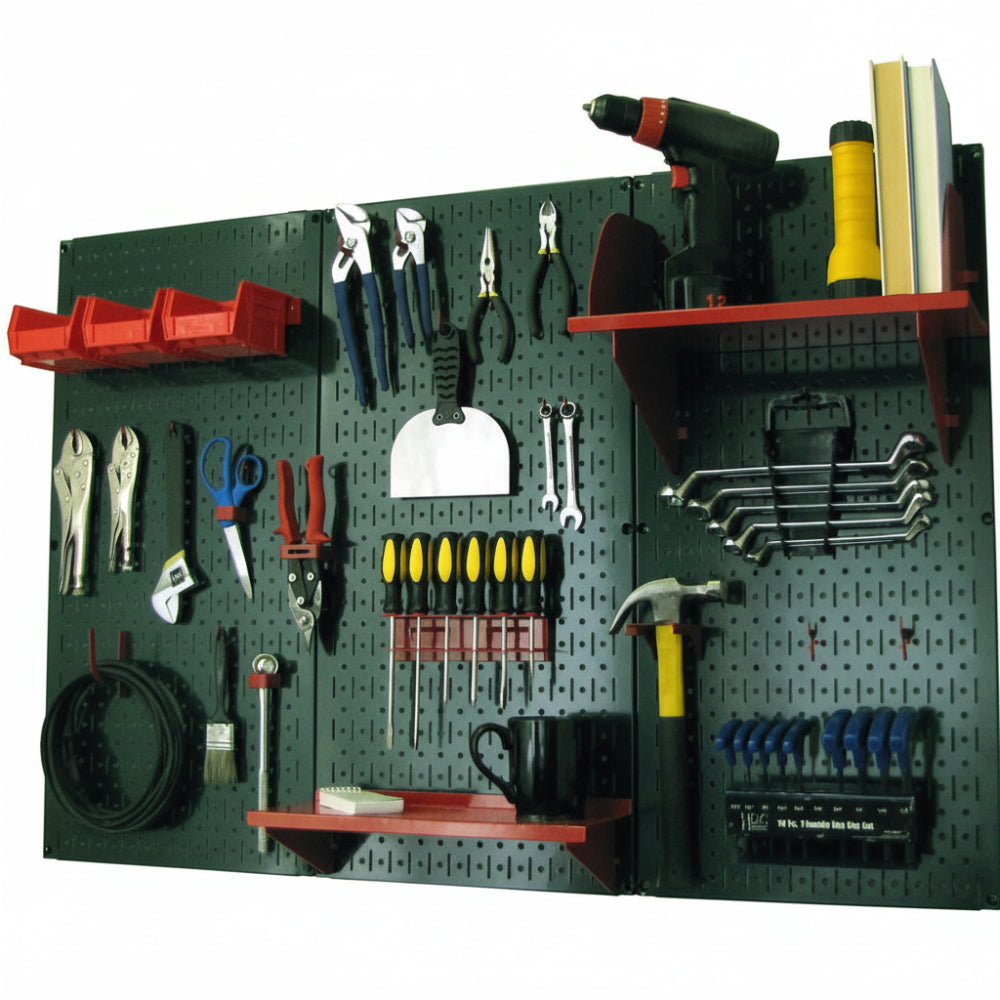 Pegboard with various tools mounted on a green pegboard against a white background