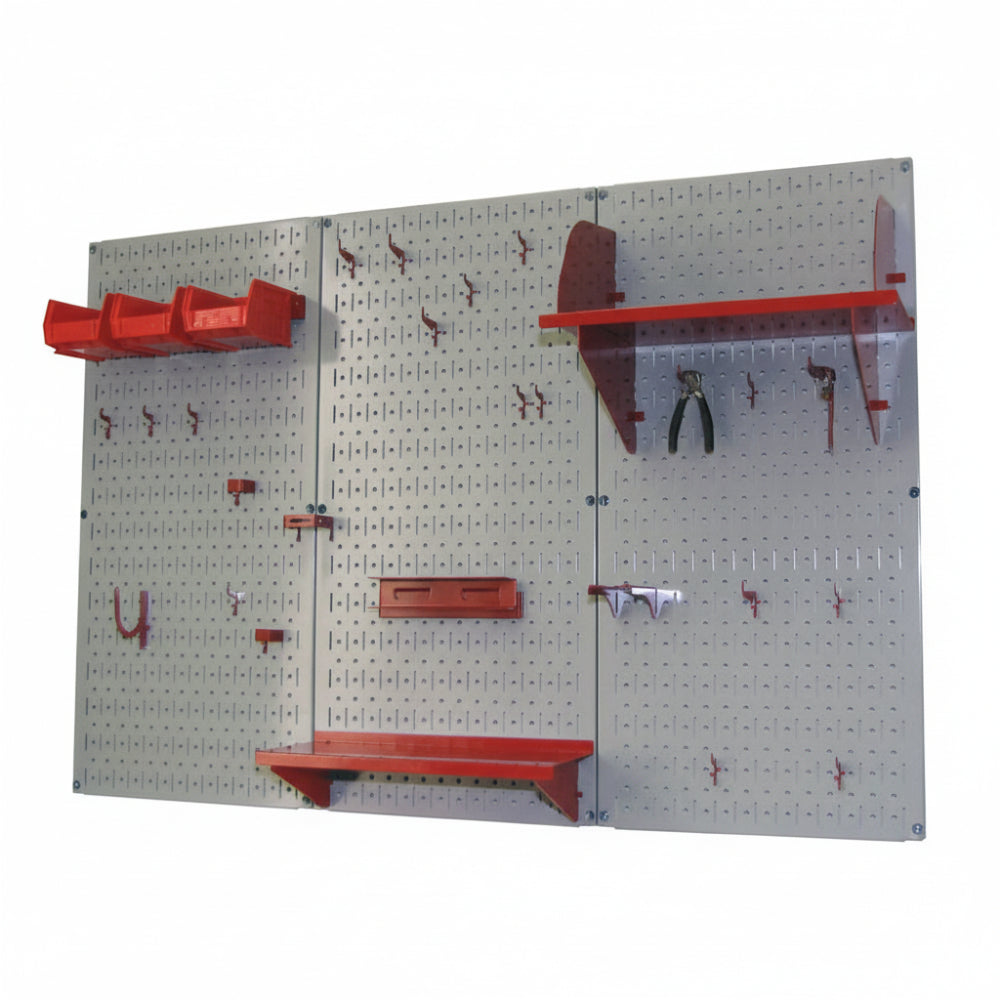 Pegboard with red shelves and hooks on a white background