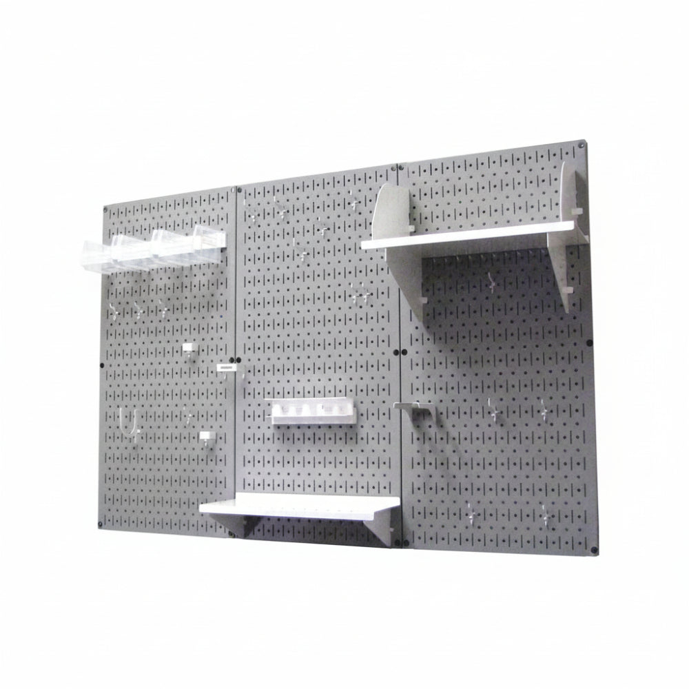 Pegboard wall system with shelves on a white background