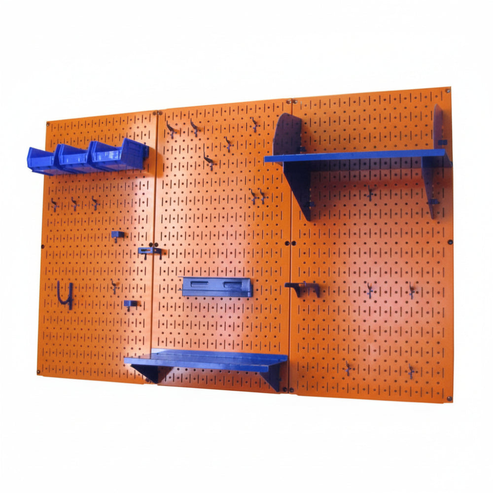 Orange pegboard wall with blue shelves and hooks on a white background