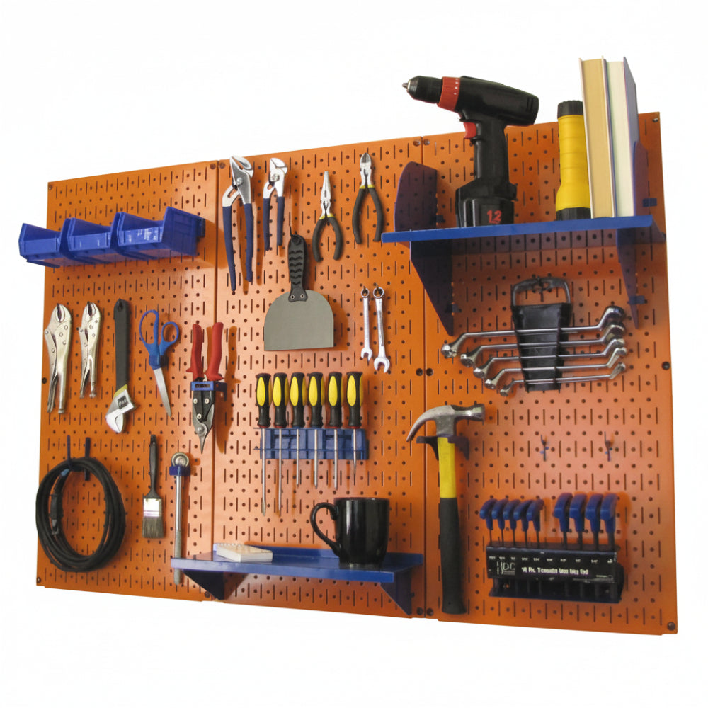 Orange pegboard with various tools and blue shelves on a white background