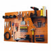 Orange pegboard wall with various tools and equipment on a white background