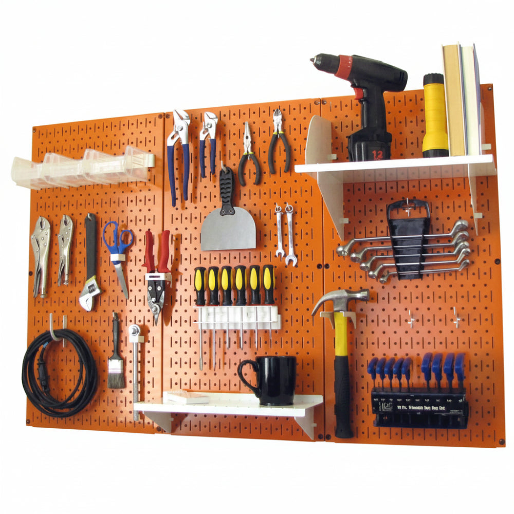 Orange pegboard wall with various tools and equipment on a white background