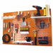 Orange pegboard wall with various tools and equipment on a white background