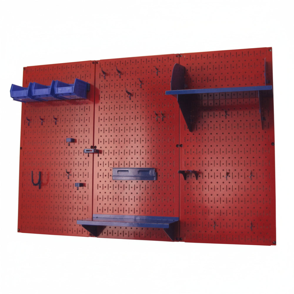 Red pegboard wall with blue shelves and hooks on a white background