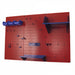 Red pegboard wall with blue shelves and hooks on a white background