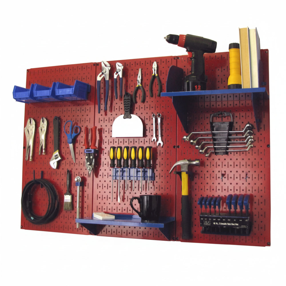 Red pegboard wall organizer with various tools on a white background