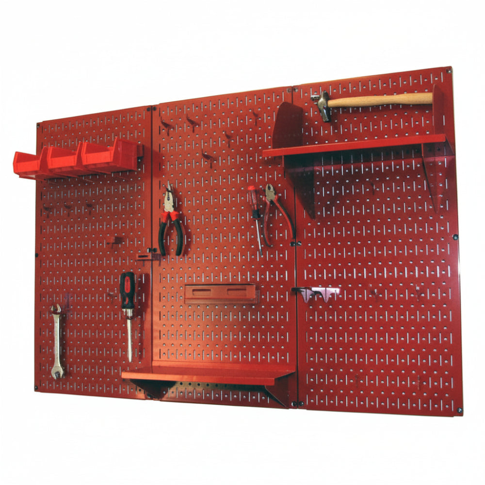 Red pegboard wall organizer with multiple hooks on a white background