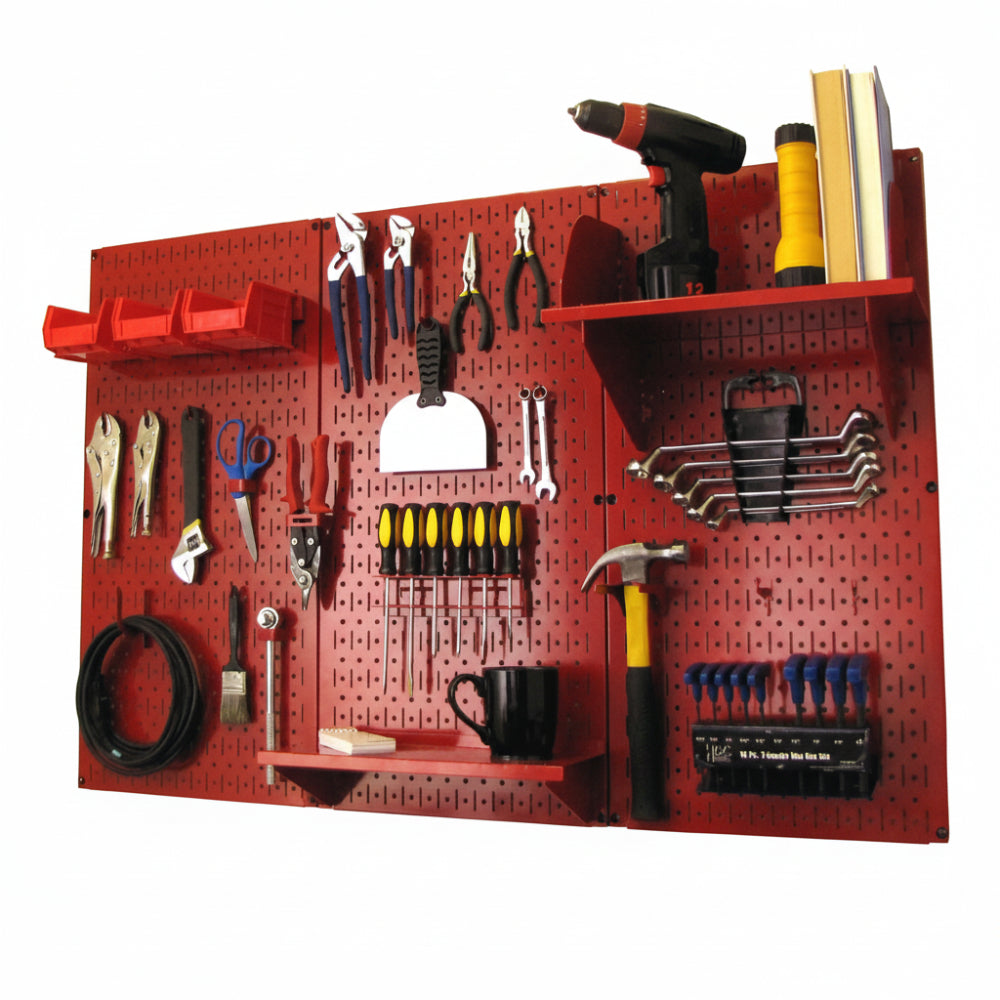 Red pegboard wall organizer with various tools on a white background