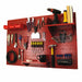 Red pegboard wall organizer with various tools on a white background