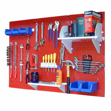 Red pegboard wall with tools and shelves on a white background