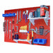 Red pegboard wall with tools and shelves on a white background