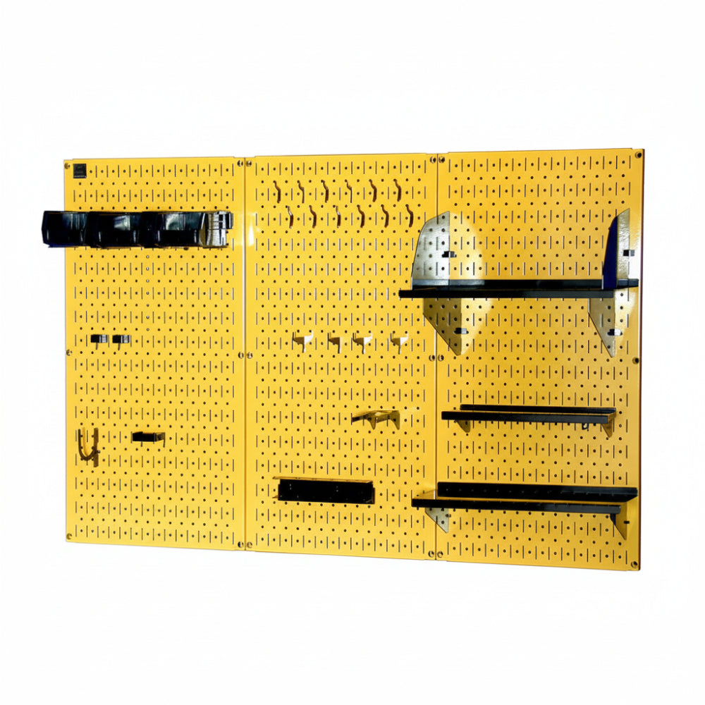 Yellow pegboard with various tools and brackets on a white background
