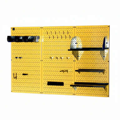 Yellow pegboard with various tools and brackets on a white background