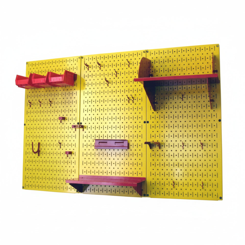 Yellow pegboard with red and purple shelves and hooks on a white background