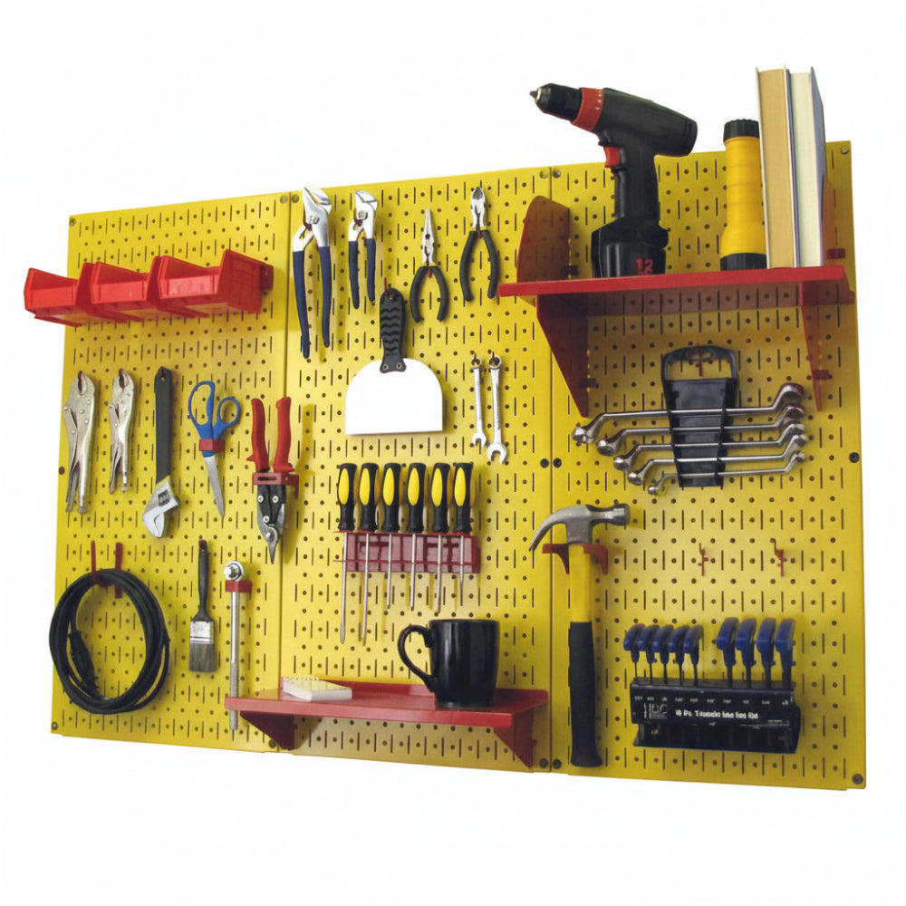 Yellow pegboard with various tools and equipment on a white background