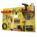 Yellow pegboard with various tools and equipment on a white background