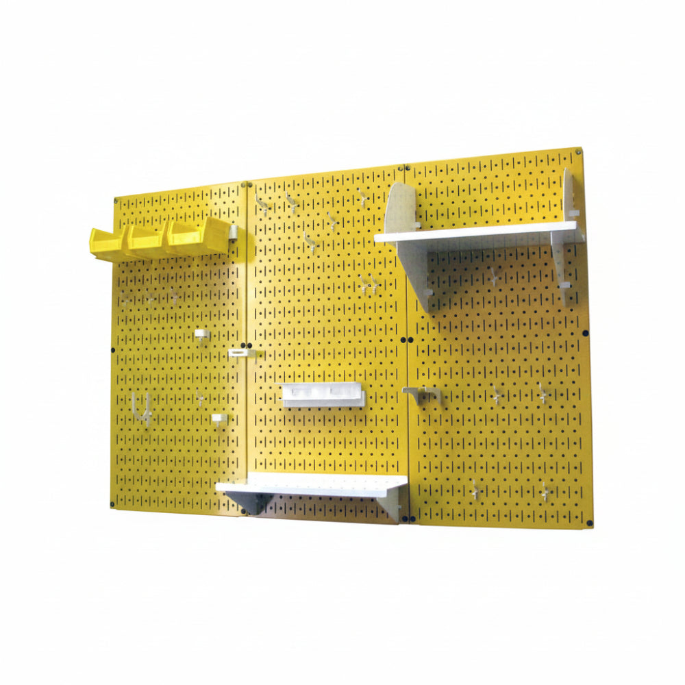 Yellow pegboard wall system with shelves and hooks on a white background