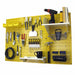 Yellow pegboard with various tools and equipment on a white background