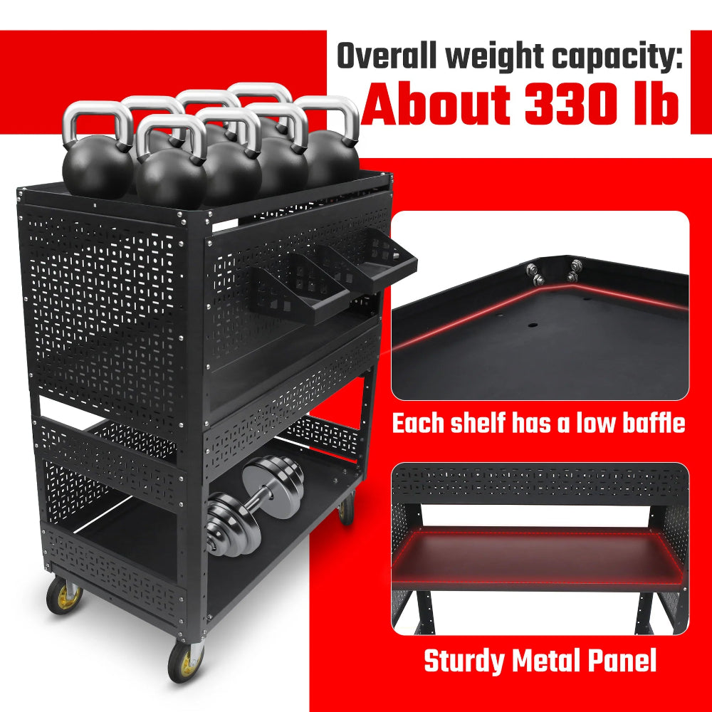 Black metal cart with weight capacity and shelf details on a red background