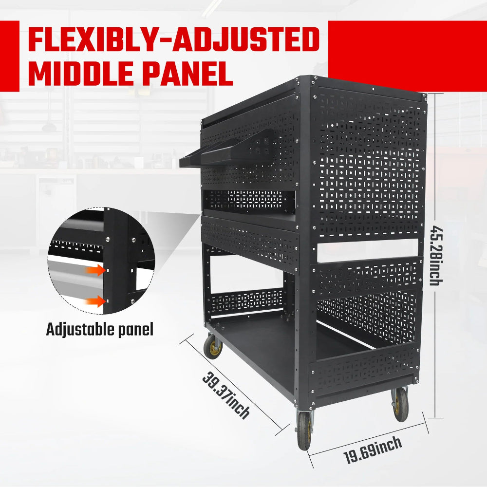 Black tool cart with adjustable middle panel on a white background