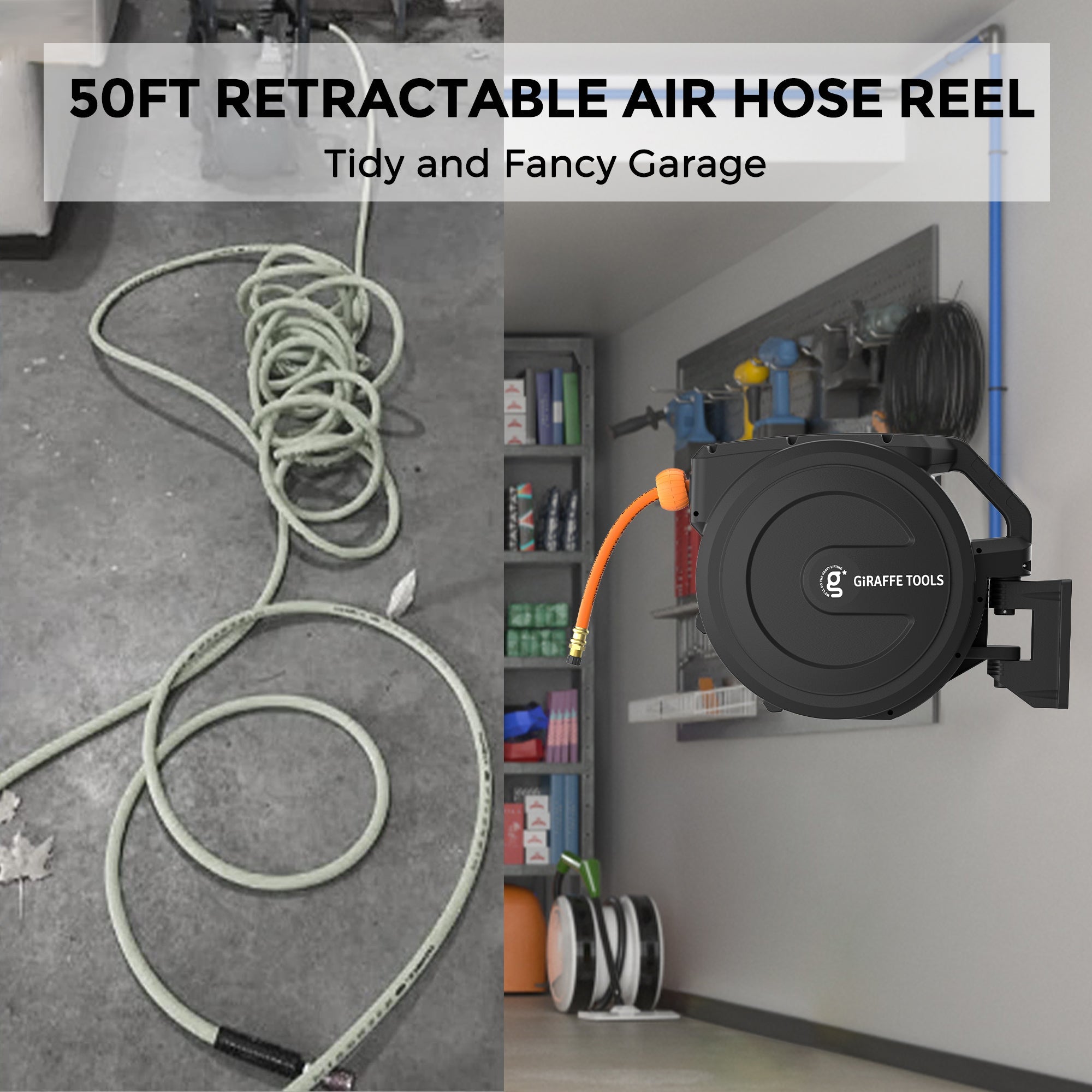 Giraffe Tools Retractable Air Hose Reel - Auto Rewind with 180° Swivel Bracket