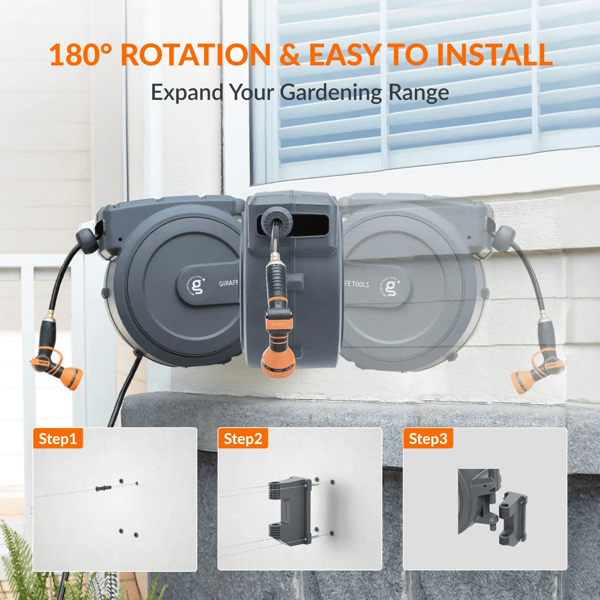Giraffe Tools Retractable Garden Hose Reel showing durable hybrid hose