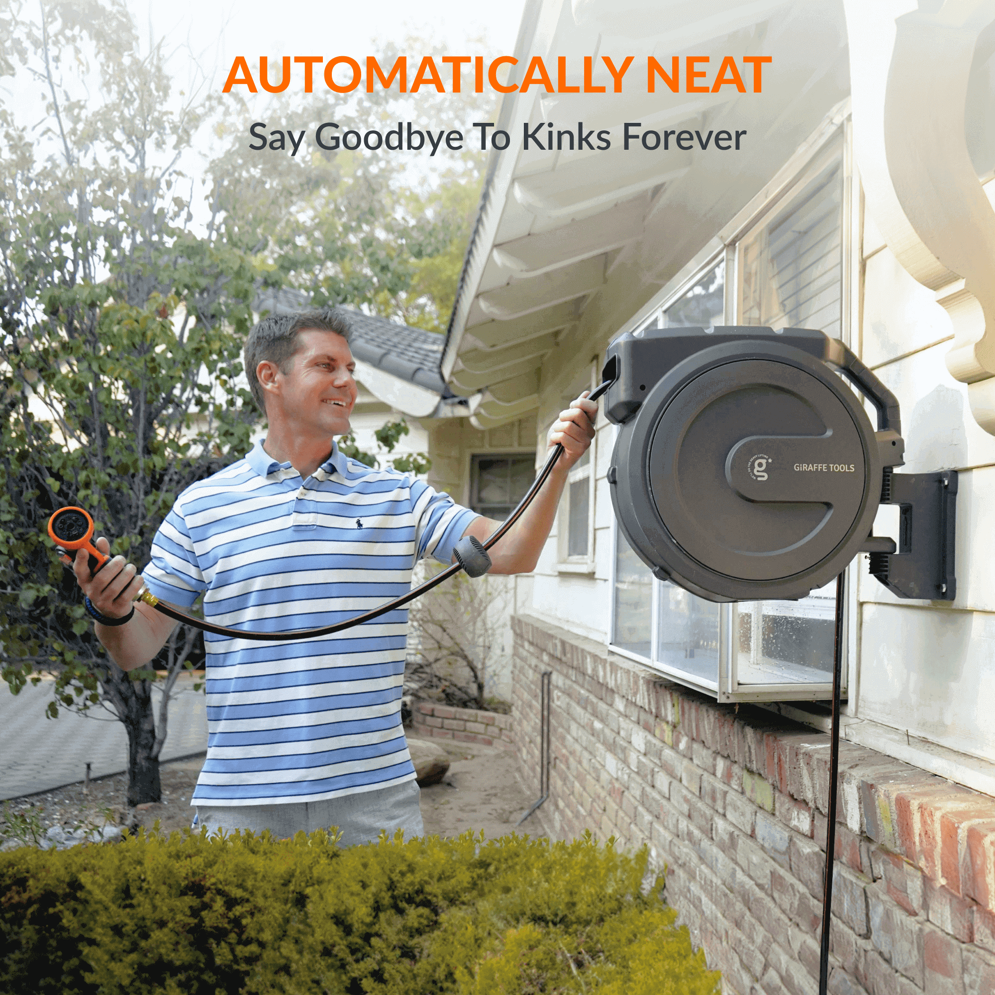 Giraffe Tools Retractable Garden Hose Reel - 78ft Wall Mount Auto Rewind