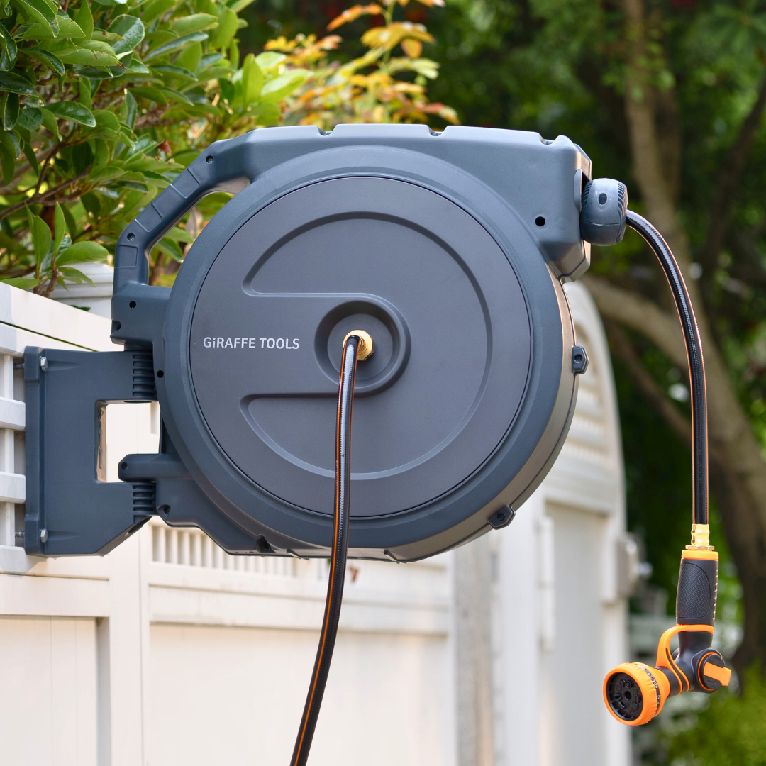 Giraffe Tools Retractable Garden Hose Reel - 130ft Wall Mount with 300lb Bracket