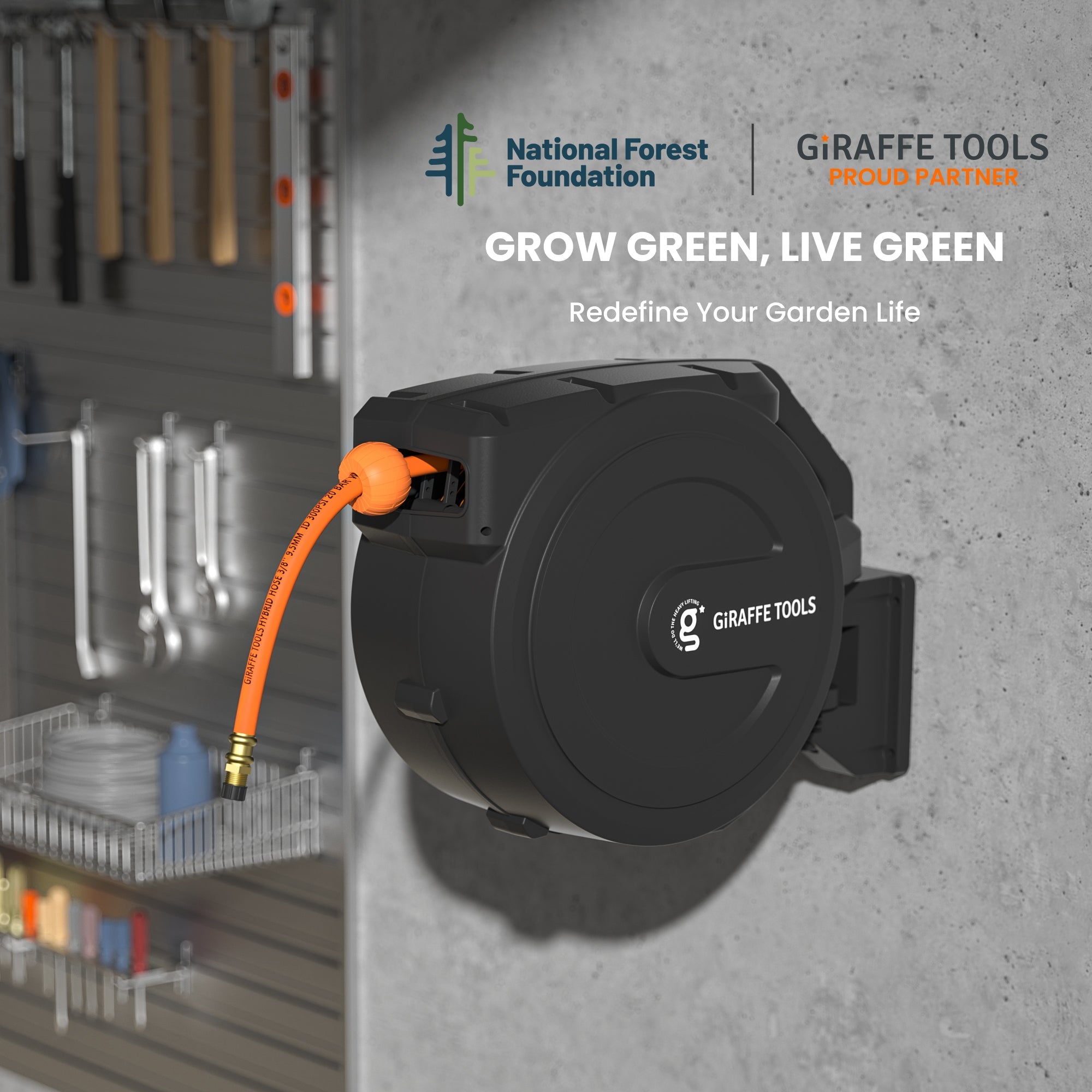 Giraffe Tools Retractable Air Hose Reel - Auto Rewind with 180° Swivel Bracket