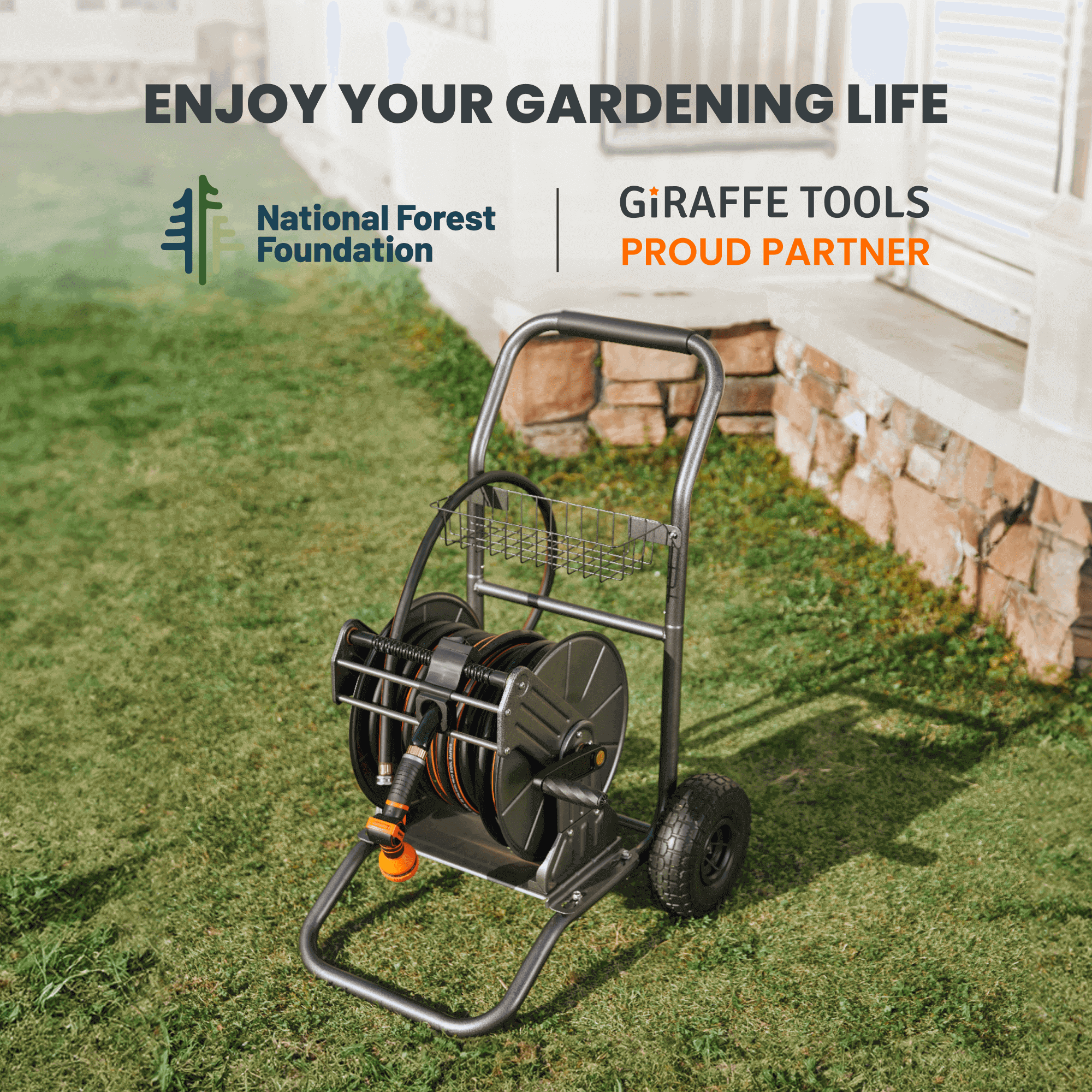 Giraffe Tools Hose Reel Cart with 2 Wheels - Stainless Steel 200ft Capacity