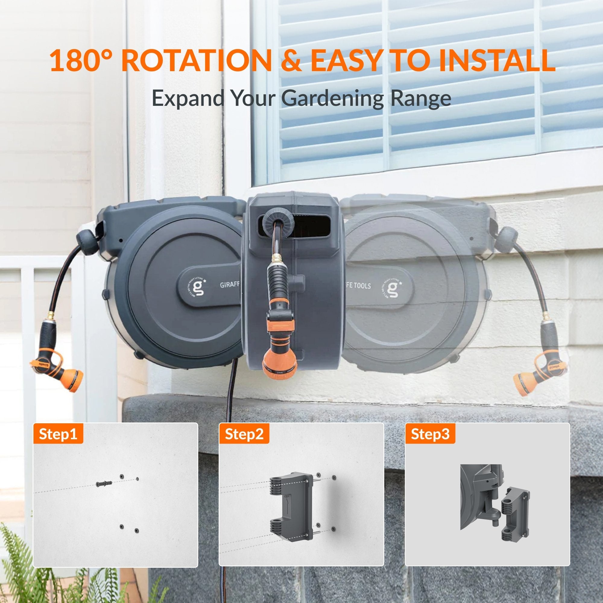 Giraffe Tools Retractable Garden Hose Reel - 78ft Wall Mount Auto Rewind