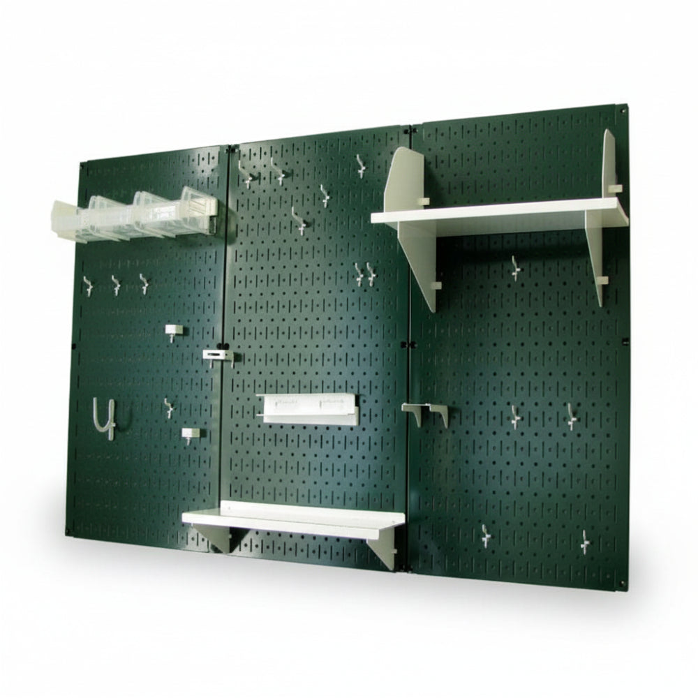 Green pegboard wall system with shelves and hooks on a white background