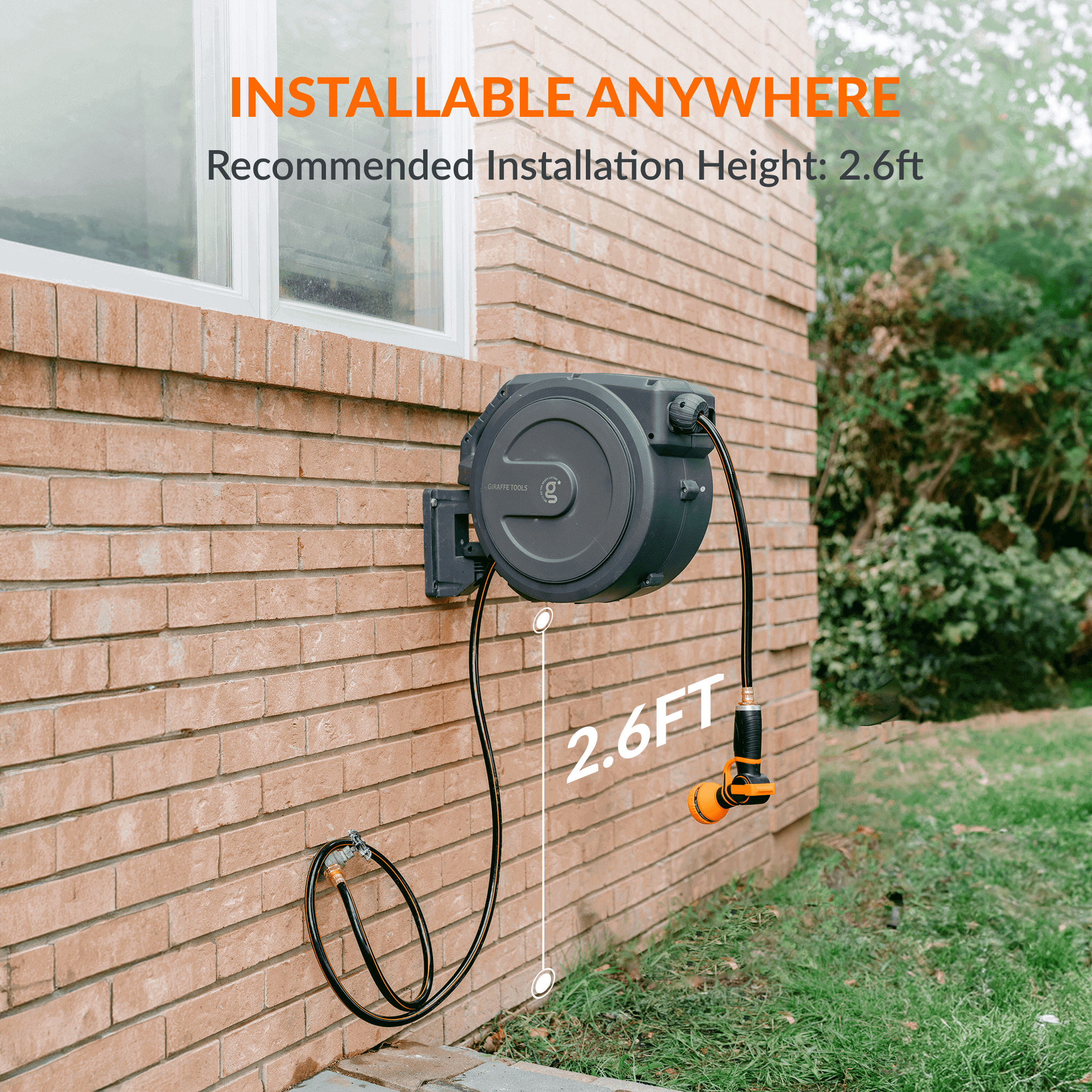 Giraffe Tools Retractable Garden Hose Reel - 100ft Wall Mount with 300lb Bracket