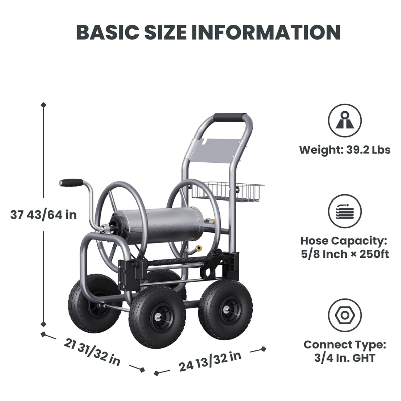 Giraffe Tools Hose Reel Cart with 4 Wheels - Industrial Grade 200ft Capacity