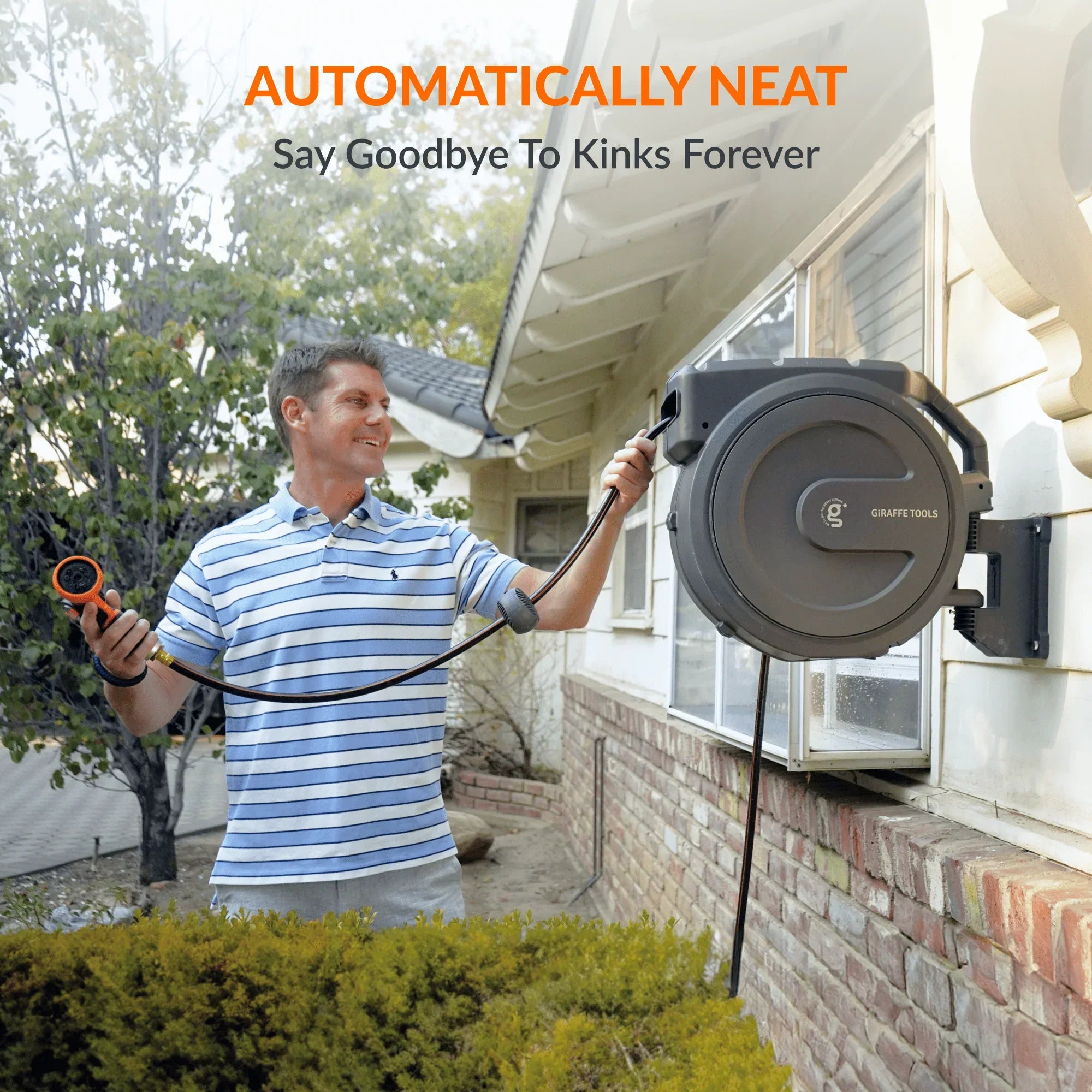 Giraffe Tools Retractable Garden Hose Reel with 180-degree swivel wall bracket