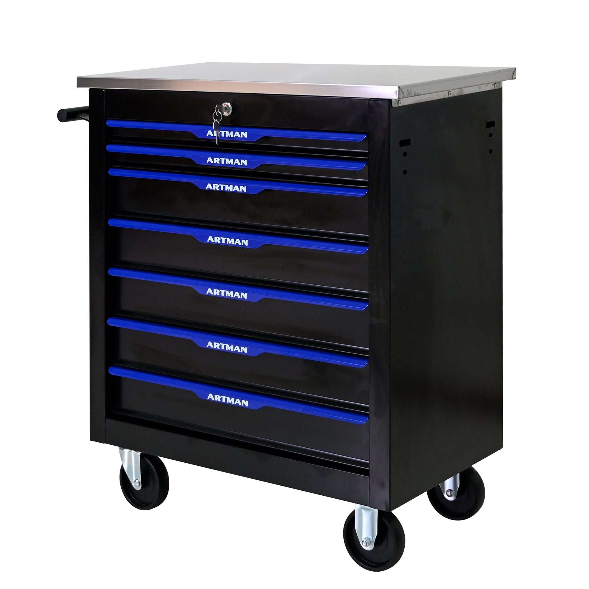 Artman 7-Drawer Mobile Tool Trolley with Stainless Steel Worktop (Black/Blue)