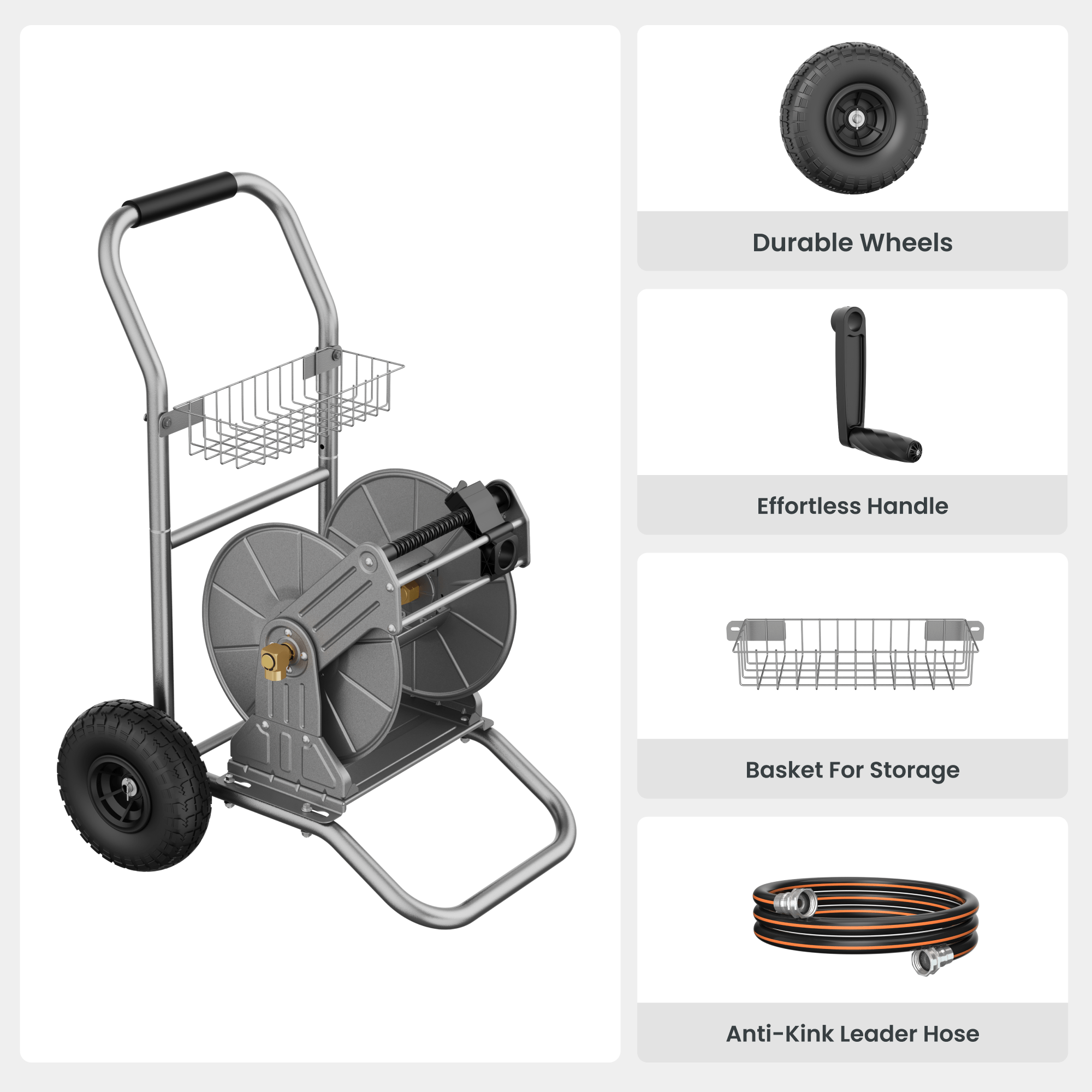 Giraffe Tools Hose Reel Cart with 2 Wheels - Stainless Steel 200ft Capacity
