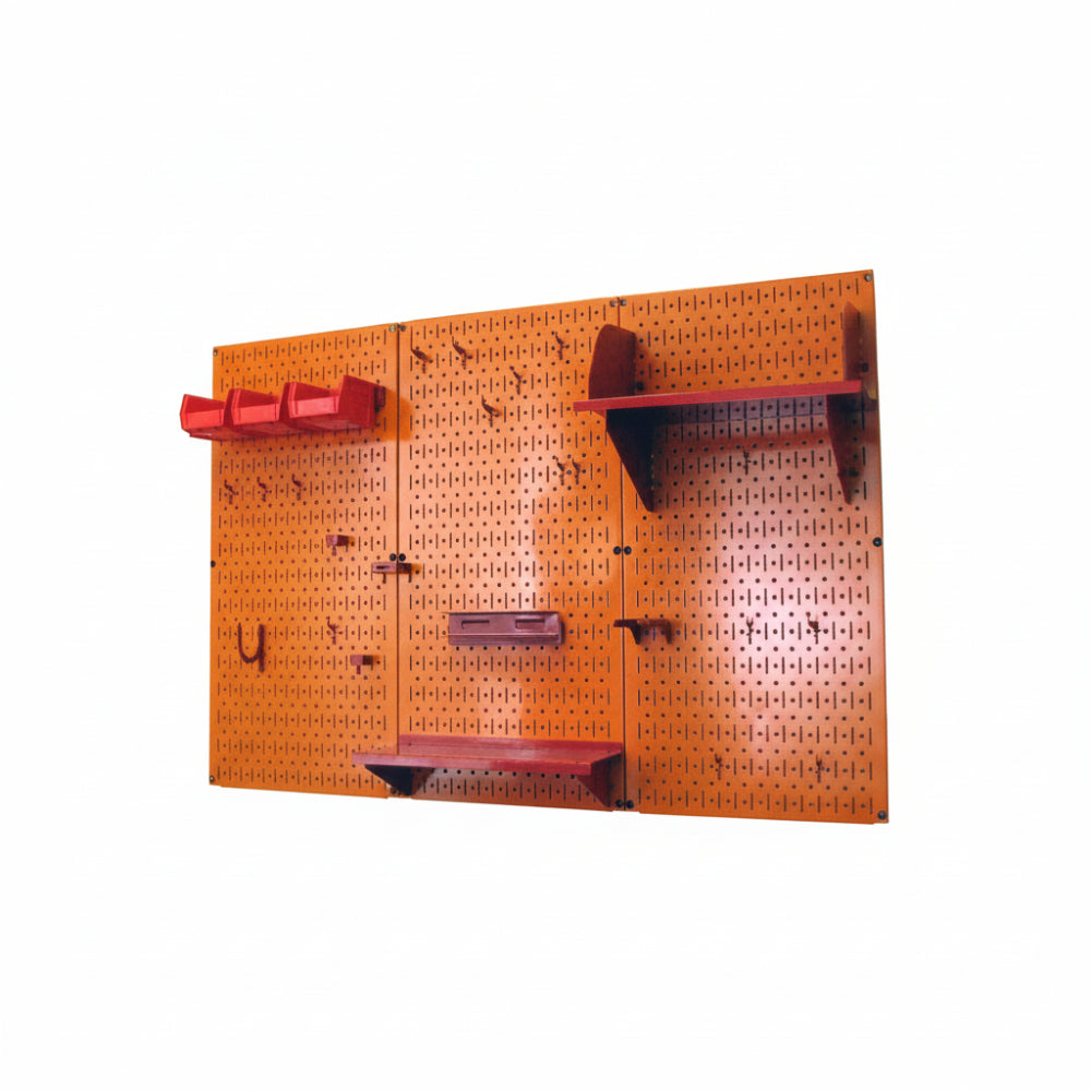 Orange pegboard with red shelves and hooks on a white background
