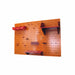 Orange pegboard with red shelves and hooks on a white background