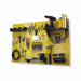 Yellow pegboard with various tools and equipment on a white background
