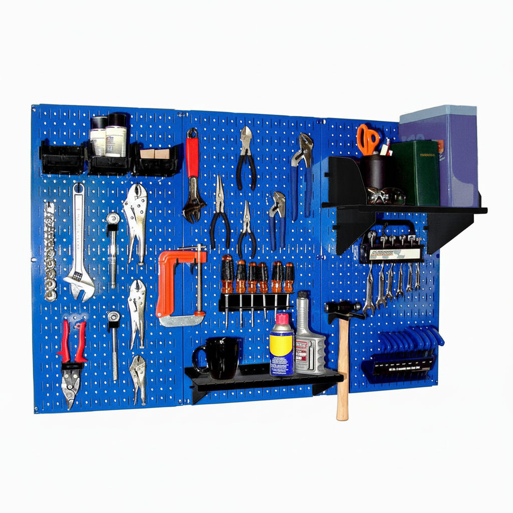 Wall-mounted tool organizer with various tools on a blue pegboard background