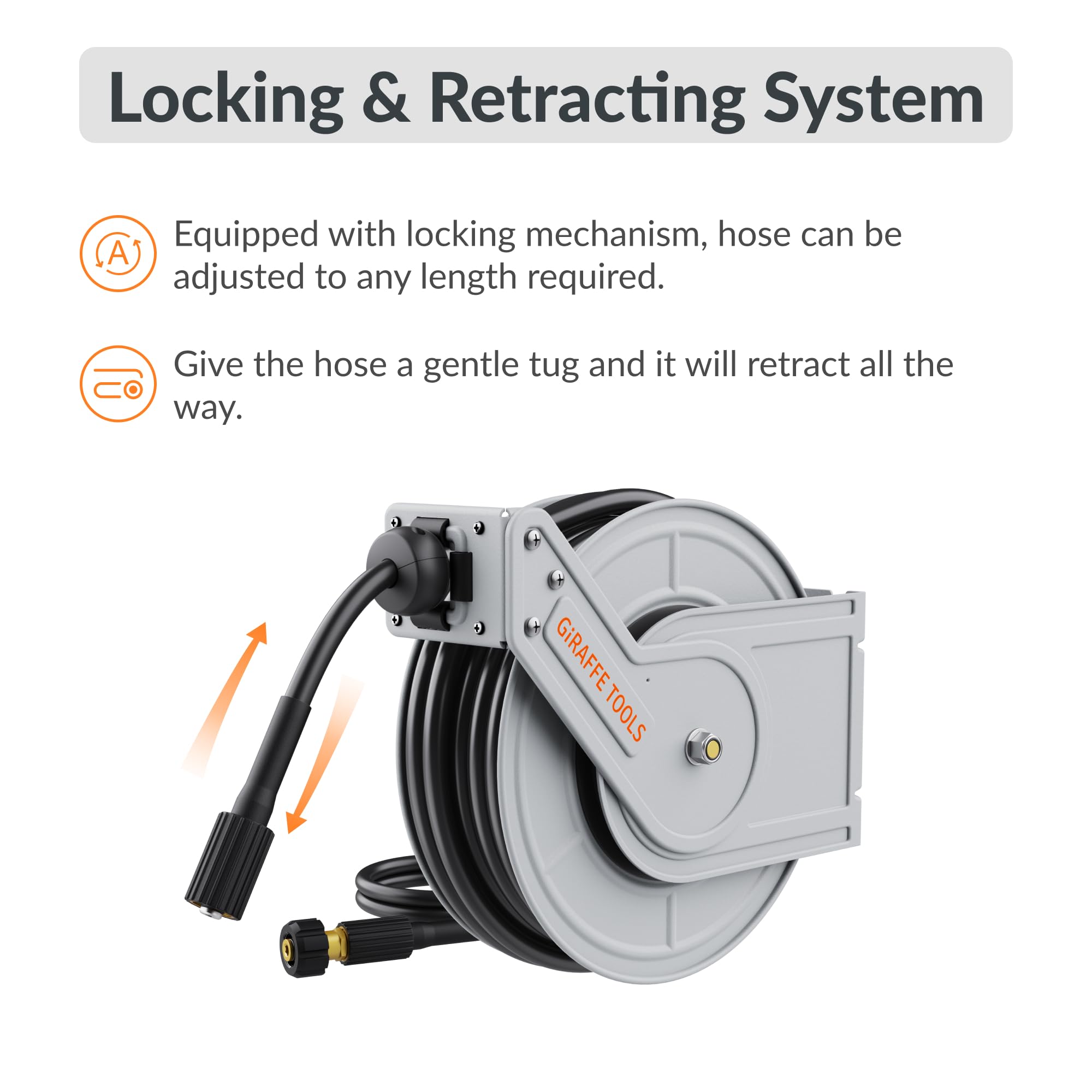 Giraffe Tools Retractable Pressure Washer Hose Reel - Steel Auto Rewind