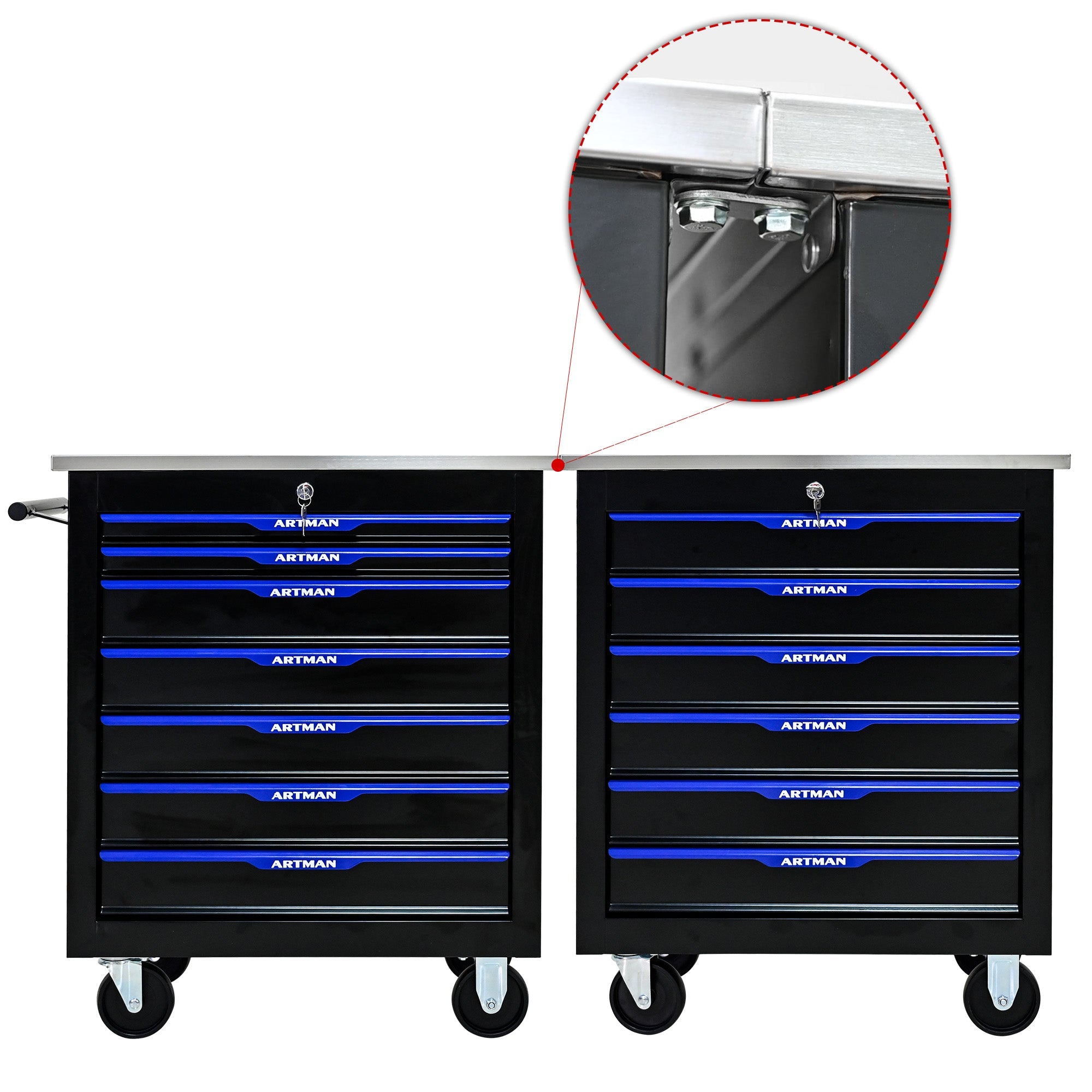 Artman 7-Drawer Mobile Tool Trolley with Stainless Steel Worktop (Black/Blue)