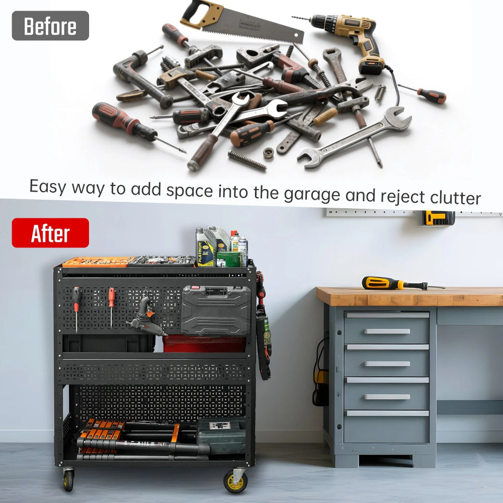 Before and after comparison of a garage with tools scattered and then organized with a storage cart and cabinets.